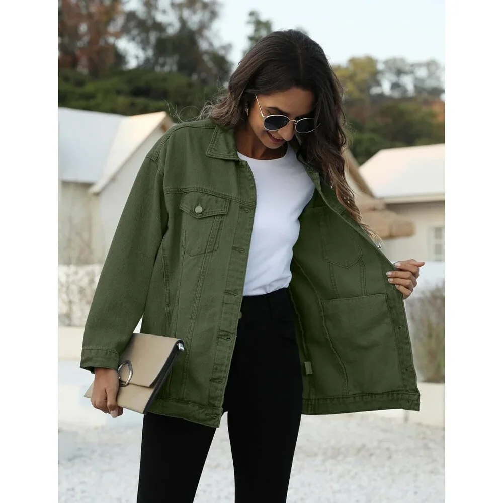 Women's Oversized Mid Long Denim Jacket Jean Biker Coat Long Sleeves Green - Picture 8 of 8
